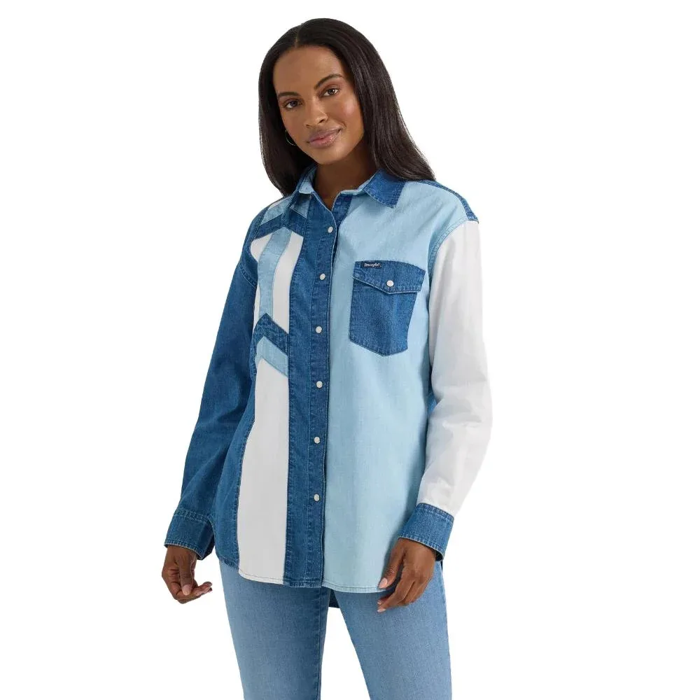 Wrangler Womens Boyfriend Pieced Long Sleeve Snap Shirt
