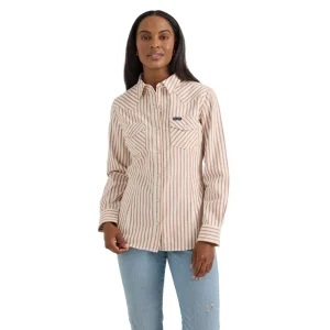 Wrangler Womens Tan Stripe Long Sleeve Snap Shirt